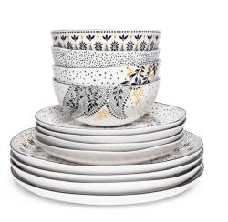  Prémium porcelán étkezőszett, Portmeirion x Sara Miller, Artisanne Noir, 12 darab, 4 főre, fehér/fekete