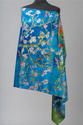 Shopika Esarfa cu doua fete, din matase, imprimata cu model inspirat dupa Migdal Inflorind de Van Gogh