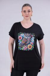 MYZEM MODA Egér Női Rövid Ujjú Blúz Bagoly Applikációval Fekete Szín