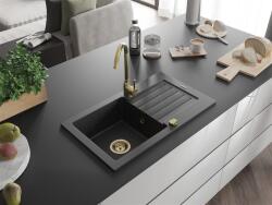 Mexen Pablo konyhai mosogató gránit 1 medence+csepegtetö+ pop up szifon 752 x 436 mm, fekete / króm, szifon arany - 6510751010-73-G 1 medencés (5905315011930)