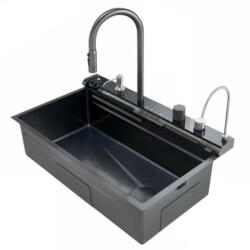 NERO Acél mosogatótálca szett csapteleppel + víztisztító csaptelep + pohármosó + vízesés modul - 75 x 46 cm