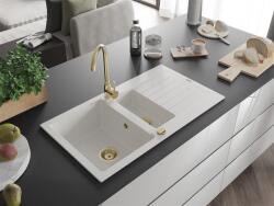 Mexen Matias konyhai mosogató gránit 1, 5 medence+csepegtetö+ pop up szifon 900 x 505 mm, fehér , szifon arany - 6502901505-20-G 1, 5 medencés (5905315011411)