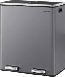 SONGMICS Kettős szelektív hulladékgyűjtő kosár, 2x30L, pedálzárral és soft close fedéllel, belső vödrökkel, acél, 62x59x36 cm, szürke