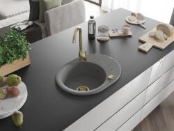Mexen Kevin konyhai mosogató gránit 1 körmedence+csepegtetö+ pop up szifon 586 x 458 mm, szürke , szifon arany - 6517581005-71-G Kör medencés (5905315012418)