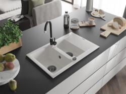 Mexen Gaspar konyhai mosogató gránit 1, 5 medence+csepegtetö+ pop up szifon 737 x 475 mm, fehér , szifon fekete - 6507731505-20-B 1, 5 medencés (5905315012951)