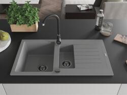 Mexen Matias konyhai mosogató gránit 1, 5 medence+ csepptálca+ pop up szifon 900 x 505 mm, szürke , szifon fekete - 6502901505-71-B 1, 5 medencés (5905315012623)
