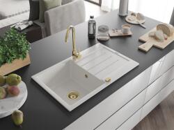 Mexen Bruno konyhai mosogató gránit 1 medence+csepegtetö+ pop up szifon 795 x 495 mm, fehér , szifon arany - 6513791010-20-G 1 medencés (5905315012111)