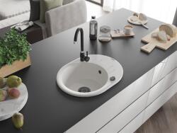 Mexen Kevin konyhai mosogató gránit 1 körmedence+csepegtetö+ pop up szifon 586 x 458 mm, fehér , szifon fekete - 6517581005-20-B Kör medencés (5905315013583)