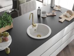 Mexen Diego konyhai mosogató gránit 1 körmedence+ pop up szifon 488 x 480 mm, fehér , szifon arany - 6512481000-20-G Kör medencés (5905315012043)