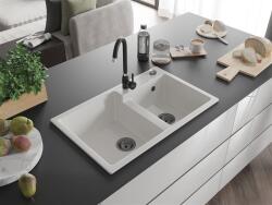 Mexen Tomas konyhai mosogató gránit 2 medence+ pop up szifon 800 x 500 mm, fehér , szifon fekete - 6516802000-20-B 2 medencés (5905315013514)