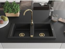 Mexen Mario konyhai mosogató gránit 2 medence+ pop up szifon 820 x 436 mm, fekete , szifon arany - 6504822000-77-G 2 medencés (5905315011619)
