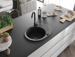 Mexen Kevin konyhai mosogató gránit 1 körmedence+csepegtetö+ pop up szifon 586 x 458 mm, fekete , szifon fekete - 6517581005-77-B Kör medencés (5905315013644)