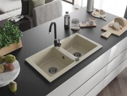 Mexen Mario konyhai mosogató gránit 2 medence+ pop up szifon 820 x 436 mm, beige, szifon fekete - 6504822000-69-B 2 medencés (5905315012753)