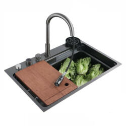 NERO Acél mosogatótálca szett csapteleppel + vízesés modul + pohármosó - 75 x 46 cm