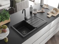 Mexen Bruno konyhai mosogató gránit 1 medence+csepegtetö+ pop up szifon 795 x 495 mm, fekete / króm, szifon fekete - 6513791010-73-B 1 medencés (5905315013330)