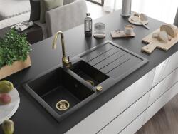 Mexen Andres konyhai mosogató gránit 1, 5 medence+csepegtetö+ pop up szifon 1000 x 500 mm fekete , szifon arany - 6515101510-77-G 1, 5 medencés (5905315012319)