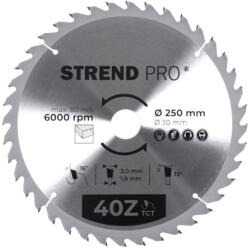 Strend Pro Körfűrészlap, Strend Pro, 250 × 3, 0 × 30/20 mm, 40 db SK fog, hangtompító és tágulási hornyokkal, puhafához, keményfához, OSB, MDF, furatszűkítővel (TC2232033)