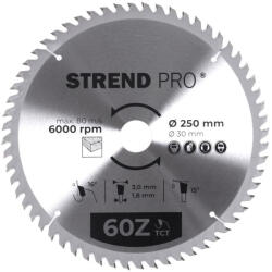 Strend Pro Körfűrészlap, Strend Pro, 250 × 3, 0 × 30/20 mm, 60 db SK fog, hangtompító és tágulási hornyokkal, puhafához, keményfához, OSB, MDF, furatszűkítővel (TC2232034)