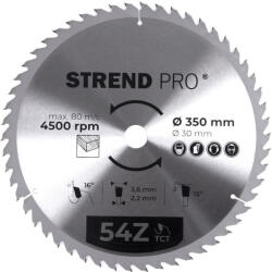 Strend Pro Körfűrészlap, Strend Pro, 350 × 3, 6 × 30/16 mm, 54 db SK fog, hangtompító és tágulási hornyokkal, puhafához, keményfához, OSB, MDF, furatszűkítővel (TC2232038)