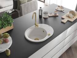 Mexen Kevin konyhai mosogató gránit 1 körmedence+csepegtetö+ pop up szifon 586 x 458 mm, fehér , szifon arany - 6517581005-20-G Kör medencés (5905315012395)