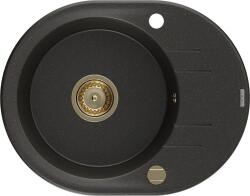 Mexen Kevin konyhai mosogató gránit 1 körmedence+csepegtetö+ pop up szifon 586 x 458 mm, fekete / arany, szifon arany - 6517581005-75-G Kör medencés (5905315012432)