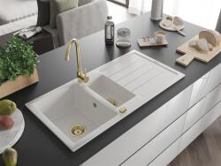 Mexen Andres konyhai mosogató gránit 1, 5 medence+csepegtetö+ pop up szifon 1000 x 500 mm, fehér , szifon arany - 6515101510-20-G 1, 5 medencés (5905315012258)