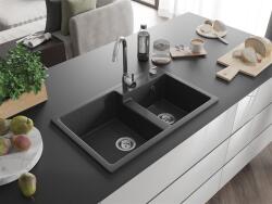 Mexen Tomas konyhai mosogató gránit 2 medence+ pop up szifon 800 x 500 mm, fekete köhatasu, szifon króm - 6516802000-76 2 medencés (5905315052230)