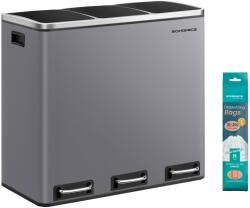 SONGMICS Háromrészes pedálos kuka 3 x 18L lágy záródású fedéllel, szürke (LTB054G01V1) - pepita
