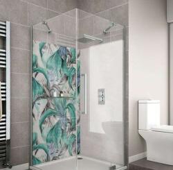 Wallplex fürdőszobai dekorpanel Trópusi virágok türkiz 90 cm x 200 cm