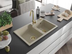 Mexen Tomas konyhai mosogató gránit 2 medence+ pop up szifon 800 x 500 mm, beige, szifon arany - 6516802000-69-G 2 medencés (5905315012333)