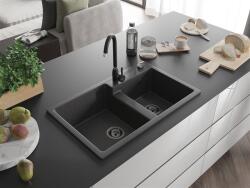 Mexen Tomas konyhai mosogató gránit 2 medence+ pop up szifon 800 x 500 mm, fekete köhatasu, szifon fekete - 6516802000-76-B 2 medencés (5905315013569)