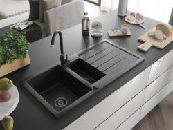 Mexen Andres konyhai mosogató gránit 1, 5 medence+csepegtetö+ pop up szifon 1000 x 500 mm fekete , szifon fekete - 6515101510-77-B 1, 5 medencés (5905315013507)