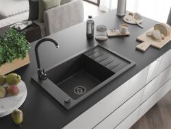 Mexen Elias konyhai mosogató gránit 1 medence+csepegtetö+ pop up szifon 795 x 480 mm, fekete köhatasu, szifon fekete - 6511791005-76-B 1 medencés (5905315013217)