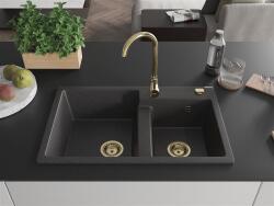 Mexen Tomas konyhai mosogató gránit 2 medence+ pop up szifon 800 x 500 mm, fekete köhatasu, szifon arany - 6516802000-76-G 2 medencés (5905315012371)