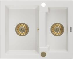 Mexen Carlos konyhai mosogató gránit 1, 5 medence+ pop up szifon 582 x 475 mm, fehér , szifon arany - 6518581500-20-G 1, 5 medencés (5905315012463)