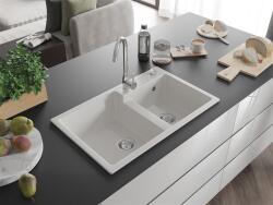 Mexen Tomas konyhai mosogató gránit 2 medence+ pop up szifon 800 x 500 mm, fehér , szifon króm - 6516802000-20 2 medencés (5905315052186)