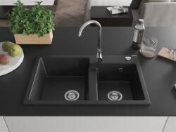 Mexen Tomas konyhai mosogató gránit 2 medence+ pop up szifon 800 x 500 mm, fekete / króm, szifon króm - 6516802000-73 2 medencés (5905315052216)