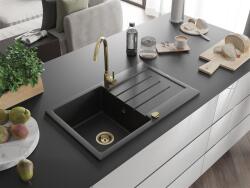 Mexen Bruno konyhai mosogató gránit 1 medence+csepegtetö+ pop up szifon 795 x 495 mm, fekete / króm, szifon arany - 6513791010-73-G 1 medencés (5905315012142)