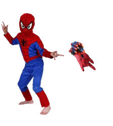DEPOX Set costum si manusa lansator cu 7 ventuze din burete SpiderMan, marime 3 - 5 ani, rosu (0518) Costum bal mascat copii