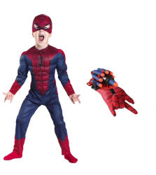 DEPOX Set costum Spiderman cu muschi si manusa lansator cu 7 ventuze din burete , DEPOX®, marime M, rosu (0511) Costum bal mascat copii