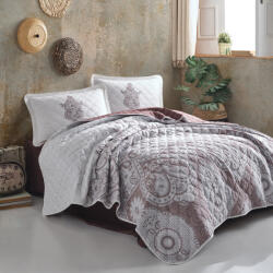 Clasy Cuvertura pat 2 persoane matlasata reversibila 240x260 cm + 2 fete perna 50x70 cm, model ornamental bej-AZKA V2 (RPU-51137)