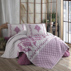 Clasy Cuvertura pat 2 persoane matlasata reversibila 240x260 cm + 2 fete perna 50x70 cm, model floral roz-ANKA (RPU-57848)