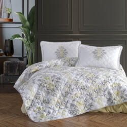 Clasy Cuvertura pat 2 persoane matlasata reversibila 240x260 cm + 2 fete perna 50x70 cm, model floral gri-galben-LIYA V1 (RPU-55046)