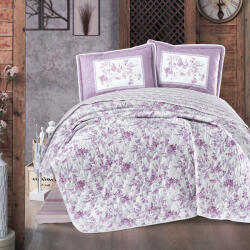 Clasy Cuvertura pat 2 persoane matlasata reversibila 240x260 cm + 2 fete perna 50x70 cm, model floral mov-MONTERA V1 (RPU-34141)