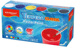 Keyroad Tempera készlet, tégelyes, 6 x 25 ml, ecsettel, Keyroad, műanyag dobozban (KR972982) - iroda-ellatas