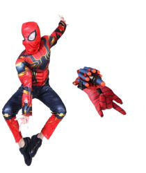 DEPOX Set costum si manusa lansator cu 7 ventuze din burete Iron Spiderman, 7-9 ani, rosu (0560) Costum bal mascat copii