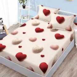 Ralex Pucioasa Husa de pat finet crem cu inimioare rosii si roz + 2 fete perna cu elastic 160x200 (RPU-107711)