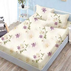 Ralex Pucioasa Husa de pat finet crem cu flori mov si galbene delicate + 2 fete perna cu elastic 160x200 (RPU-107724)