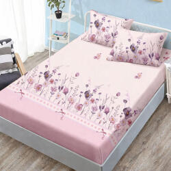 Ralex Pucioasa Husa de pat finet roz cu flori mov stil camp si bordura decorativa + 2 fete perna cu elastic 160x200 (RPU-107712)