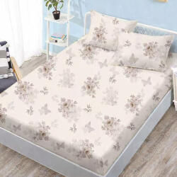 Ralex Pucioasa Husa de pat finet crem cu flori si fluturi bej + 2 fete perna cu elastic 160x200 (RPU-107708)